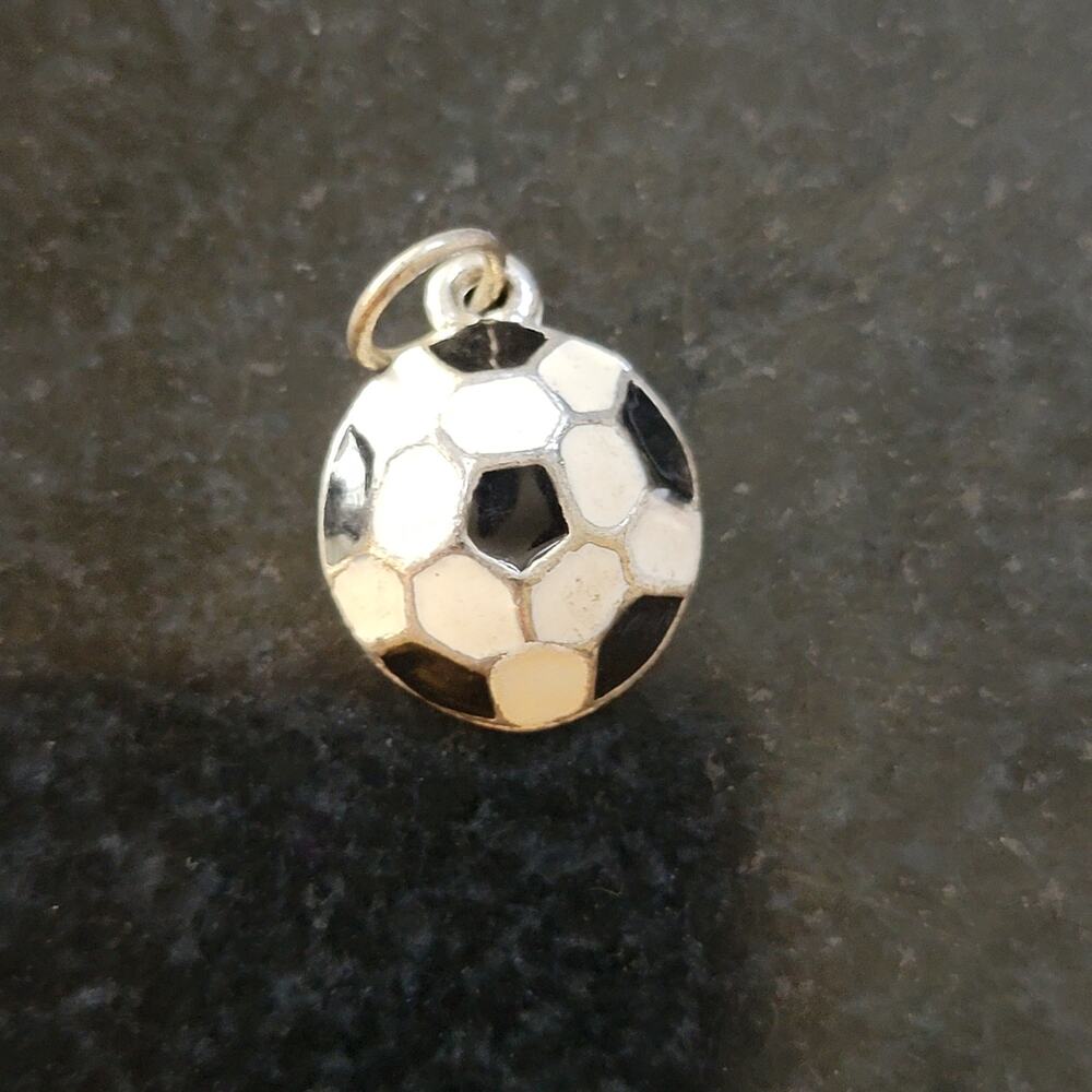 Soccer Ball Enamel Charm Pendants Black White Round Silver Tone Sports Dangle